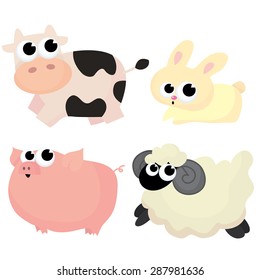 A set of cute cartoon illustration vector farm animals like cow, rabbit, pig and sheep.