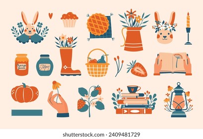 Set of cute cartoon illustrations in cottagecore aesthetic. Village, farm life. Hand drawn clip arts with boots, flowers, rabbit, jars, books, strawberry bush, basket, pie, flowers, candle, jug.