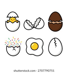 Un conjunto de lindas ilustraciones de dibujos animados con varios huevos, incluyendo un pollito para incubar y un huevo frito.