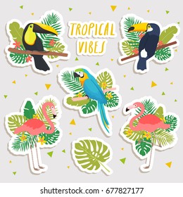 set of cute cartoon illustrations of parrot, flamingos and toucans with tropical leaves stickers. cute stickers, patches or pins collection. tropical vibes set