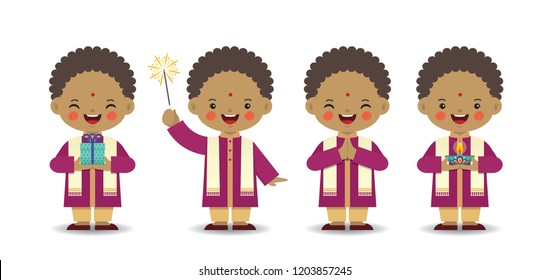 Set of cute cartoon indian boy in different pose isolated on white background. Diwali or Deepavali flat vector design.