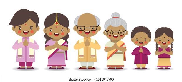 Set of cute cartoon indian family isolated on white background. Diwali or deepavali character in flat vector design. Father, mother, grandfather, grandmother, brother & sister.