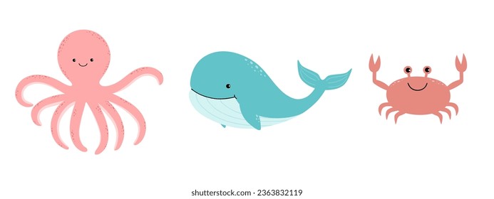 Set of cute cartoon inhabitants of the underwater world: whale, octopus, crab. Vector illustration for children.
