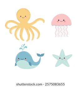 Set of cute cartoon inhabitants of the underwater world: whale, starfish, octopus, jellyfish. Vector illustration for children.