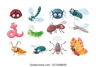 Set süße Cartoon-Insekten mit freundlichen Gesichtern. Happy kleine Ladybug, Fliege, Ameise, Schmetterling, Libelle, Mücke, Wurm, Grasshopper. Tierwelt, Natur, Garten oder Waldkäferei - flacher Vektorgrafik