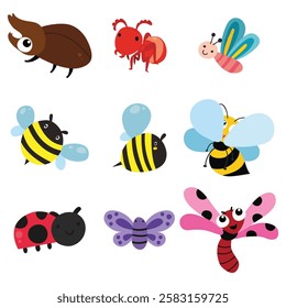 A Set of cute cartoon insects illustration isolated on white background