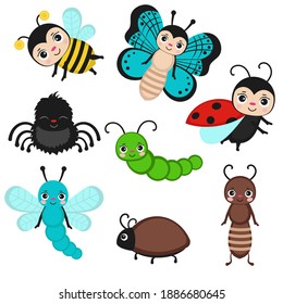 Set of cute cartoon insects isolated on white. Fly bug, cute butterfly and beetle. Funny garden animals. Vector illustration.