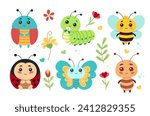 A set of cute cartoon insects which includes a ladybug, a butterfly, a caterpillar, a beetle, a bee, an ant. Vector illustration for children and toddlers, baby