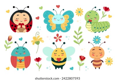 A set of cute cartoon insects which includes a ladybug, a butterfly, a caterpillar, a beetle, a bee, an ant. Vector illustration for children and toddlers, baby