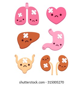 Set of cute cartoon internal organs with sad faces and bandages.