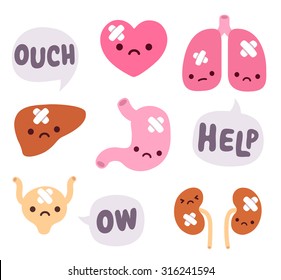 Set of cute cartoon internal organs with sad faces and bandages. Speech bubbles expressing pain.