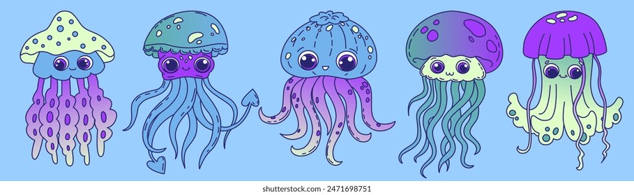Set of cute cartoon jellyfish with big eyes. Friendly underwater world. Sea animals for children. Vector illustration for chat bot isolated on transparent background.