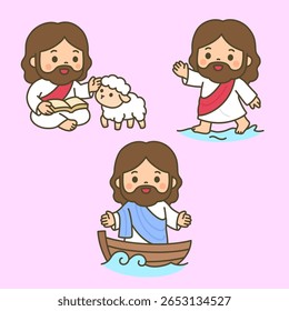Set of Cute Cartoon Jesus Reading Scripture beside a lamb, Walking on Water, and Sailing Boat Vector Illustration for sunday school and christianity