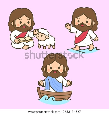 Set of Cute Cartoon Jesus Reading Scripture beside a lamb, Walking on Water, and Sailing Boat Vector Illustration for sunday school and christianity