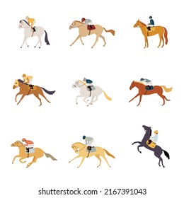 Set of cute cartoon jockeys and race horses