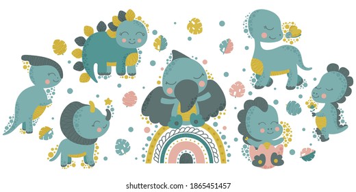Set of cute cartoon joyful kawaii dinosaurs and monstera leaves on a white background. Isolated clip-art for children and toddlers. For nursery decor, print on clothes and postcards, poster. Vector.
