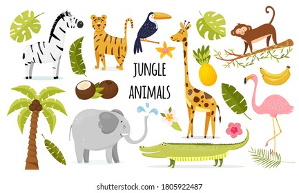 Set with cute cartoon jungle animals and tropical plants. Vector illustration 