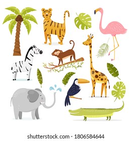 Set with cute cartoon jungle animals and tropical plants. Vector illustration 