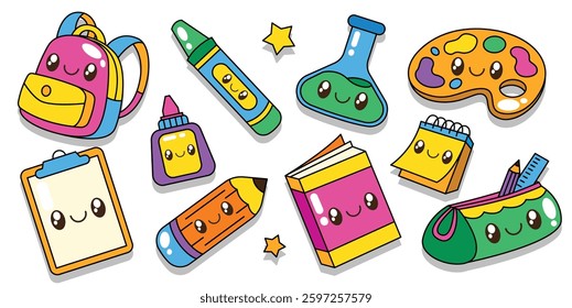 Set of cute cartoon kawaii back to school element cartoon illustration