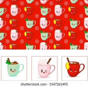 Set of cute cartoon kawaii cups. Characters with hands and a smile. Illustration isolated on white background. Christmas pattern red.