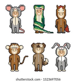 Set of cute cartoon kids in animal costumes. Pixel art on white background.