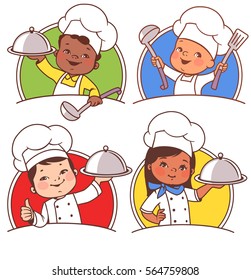 Set With Cute Cartoon Kids As Chefs. Multinational Children With Plate, Spoon, Wearing Cook Hat. African American Boy, Asian Boy, Latin Girl, European Toddler Presenting National Cuisine
