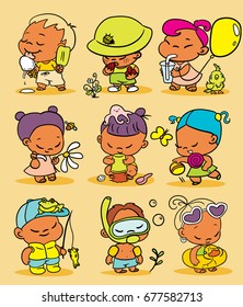 Set Of Cute Cartoon Kids, Eating Ice Cream, Strawberry, Lollipop, Drinking Water, Playing And Having Fun On Beach At Hot And Sunny Summer Day