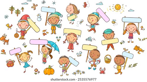 Set of cute cartoon kids holding signs with blank space, seasons weather illustration. Isolated colorful kids clipart, doodle children