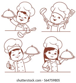 Set with cute cartoon kids as little chefs. Multinational children with plate, spoon, wearing cook hat. African american boy, asian boy, latin girl, european toddler presenting national cuisine. 
