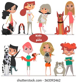 set with cute cartoon kids and pets