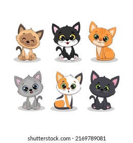 Set of cute cartoon kittens on a white background.Little cats.Vector illustration