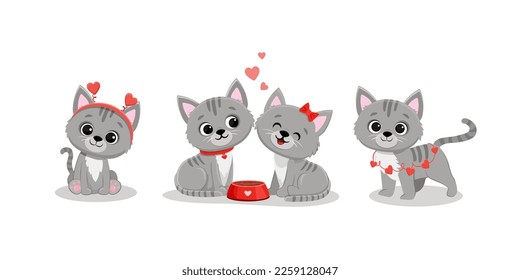 Juego de lindos gatitos de dibujos animados sobre fondo blanco. Tarjeta del día de San Valentín. Gatos valentinos cortos pareja con corazones.Ilustración vectorial