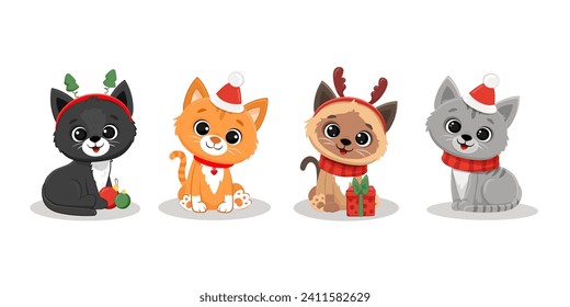 conjunto de tiras cómicas adorables gatitos sobre un fondo blanco. Ilustración navideña. Gato con regalo. Navidad. Ilustración del vector