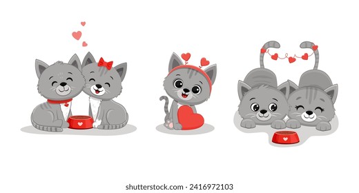 Set of cute cartoon kittens on white background.Valentine's day card.Grey Cat with heart.Cute valentine cats couple with heart.Vector illustration