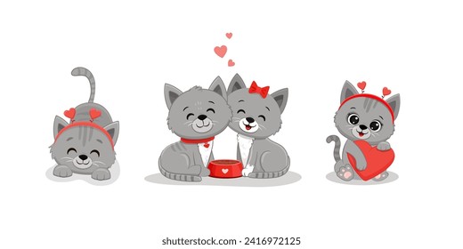 Set of cute cartoon kittens on white background.Valentine's day card.Grey Cat with heart.Cute valentine cats couple with heart.Vector illustration