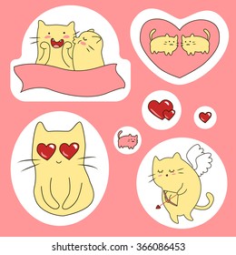 Set of cute cartoon kittens. Valentine. Vector illustration.