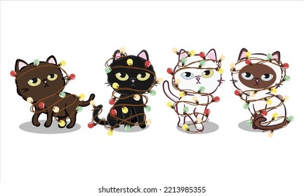 Set of cute cartoon kittens wrapped in a Christmas garland. Garland lights bulb string. Cute cat character for christmas and new year. Doodle cartoon style. Graphic resource for graphic, content