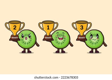 Set of cute cartoon Kiwi fruit holding trophy with happy expression in 3d modern style design