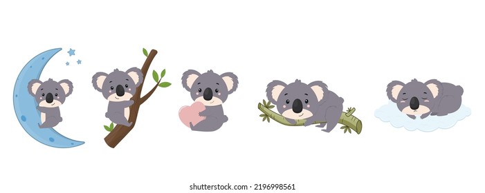 Set of cute cartoon koala characters. Australian koala on a white background.Vector illustration for design and print