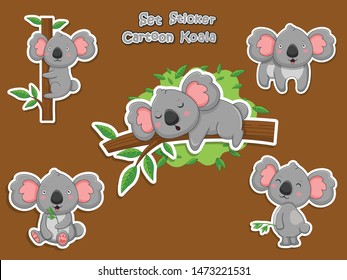 Set Cute Cartoon Koala Sticker. Vector Illustration With Cartoon Funny Animal Frame