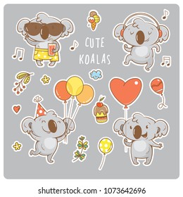 Set  with cute cartoon koalas stickers. Vector contour  image. Little funny baby animals on party. Children's illustration.