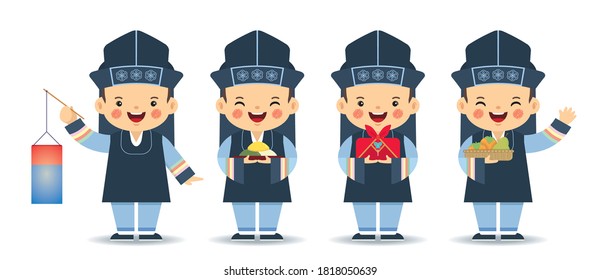 Set of cute cartoon Korean boy wearing hanbok with lantern, songpyeon, gift & persimmons isolated on white background. Chuseok or Korea Thanksgiving Day character design. Flat vector illustration. 