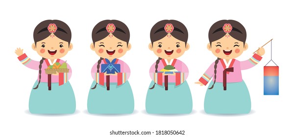 Conjunto de tiras cómicas de una niña coreana que usa un hanbok con persimons, regalo, songpyeon y una linterna aisladas sobre fondo blanco. Diseño del personaje de Chuseok o del Día de Acción de Gracias de Corea. Ilustración vectorial plana. 