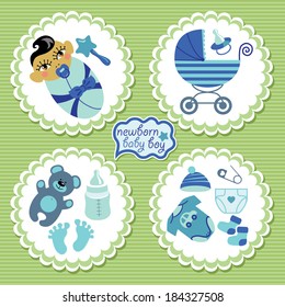 A set of cute cartoon Label with elements for Asian newborn baby boy. Baby cartoon icons,scrapbooking elements in strips background.Vector illustration