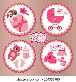 A set of cute cartoon Label with elements for European newborn baby girl. Baby cartoon icons,scrapbooking elements in strips background.Vector illustration