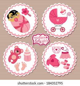 A set of cute cartoon Label with elements for Asian newborn baby girl. Baby cartoon icons,scrapbooking elements in strips background.Vector illustration