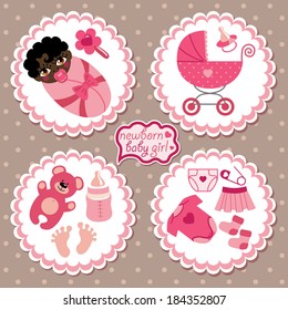 A set of cute cartoon Label with elements for black newborn baby girl. Baby cartoon icons,scrapbooking elements in polka dot background.Vector illustration