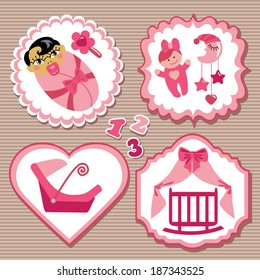 A set of cute cartoon Label with elements for Asian newborn baby girl. Baby cartoon icons,scrapbooking elements in strips background.Vector illustration