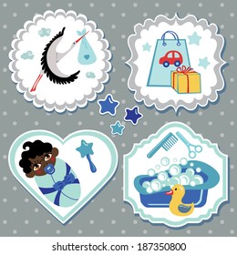 A set of cute cartoon Label with items for newborn baby  boy. Baby cartoon icons,scrapbooking elements polka dot background.Vector illustration