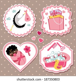 A set of cute cartoon Label with items for newborn baby girl. Baby cartoon icons,scrapbooking elements in polka dot  background.Vector illustration